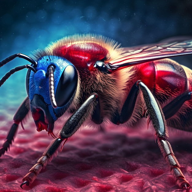 AI wygenerowała ilustrację pszczoły z skomplikowanymi cechami, podkreślając jej żywe niebieskie i czerwone oczy