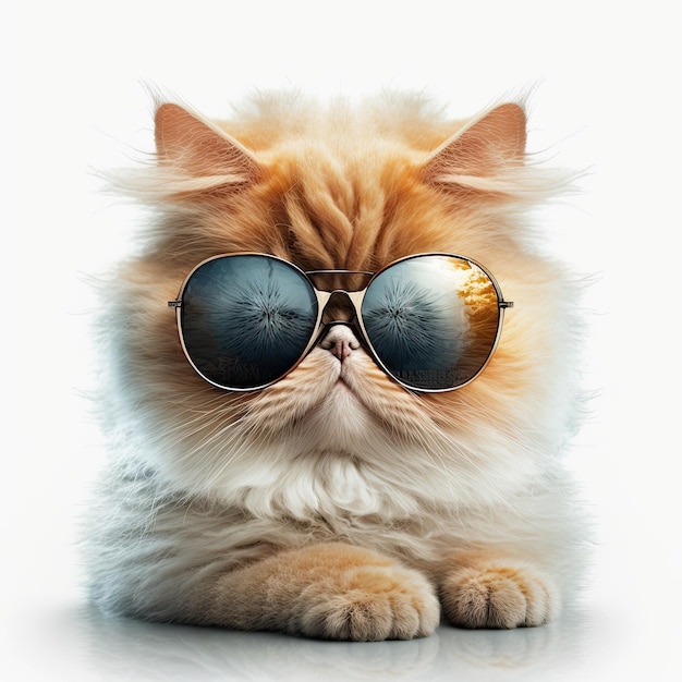 Ai wygenerowała ilustrację uroczego kotka perskiego w okularach przeciwsłonecznych na białym tle