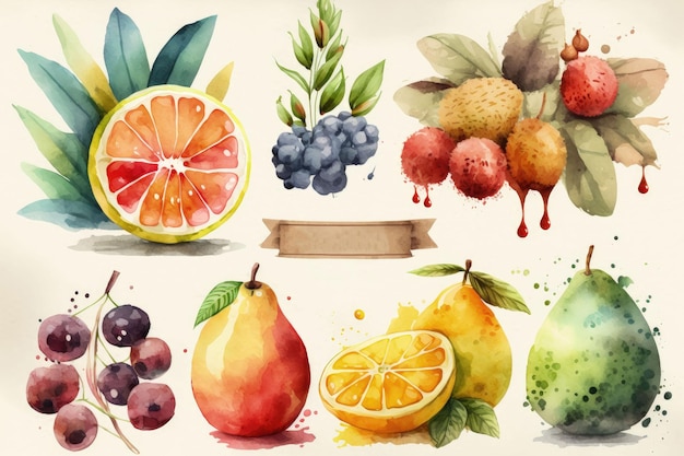 AI wygenerowała kompozycję świeżych owoców namalowanych akwarelą