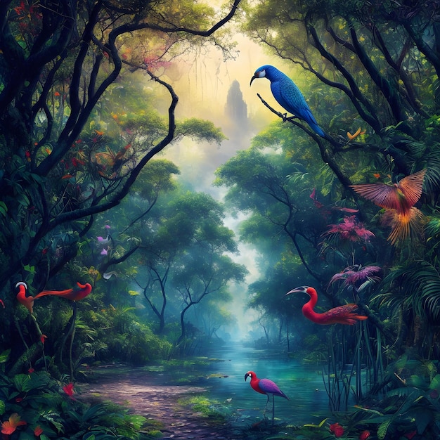 AI wygenerowała malarski obraz egzotycznych ptaków lasów mangrowych w surrealistycznym krajobrazie