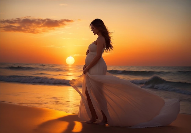 Ai wygenerowała piękną kobietę w ciąży na plaży podczas zachodu słońca