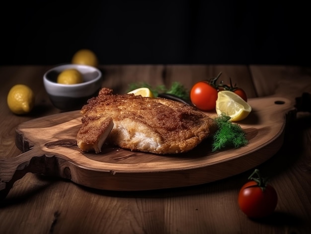 AI wygenerowała pyszne smażone ryby lub kurczaka w okruchy chleba z warzywami na drewnianej desce