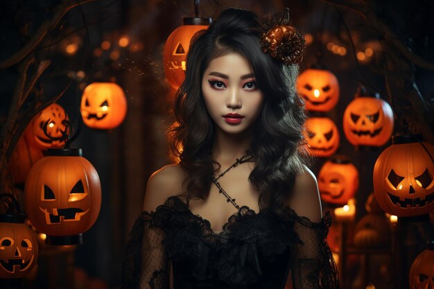 Zdjęcie ai wygenerowała zdjęcie glamour dziewczyny ubranej w kostium fantasy świętującej październikową noc halloween