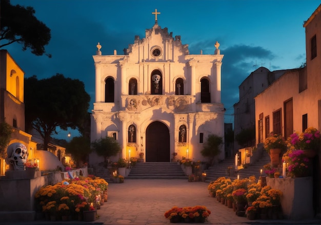 Ai wygenerowała zdjęcie malowniczego miasteczka w Meksyku przystrojonego na Dzień Zmarłych