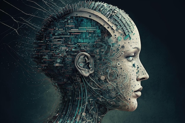 AI z cyfrowym Brain Girl Roboto Cyborg Science Fanstatika modernizacja cyberimplanty integracja technologii z naszym życiemzbliżenie wysoka rozdzielczość Koncepcja technologiiAI