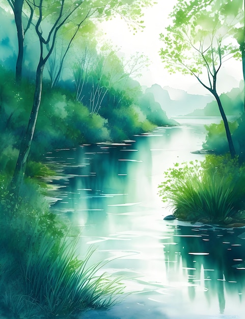 AiGenerated Ripples Riverside Watercolor and Ink Magic