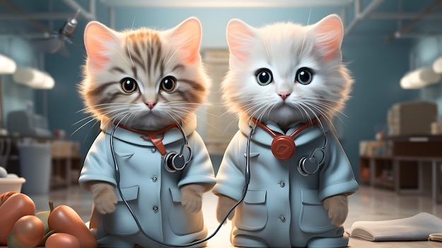 AIGenerowane dwa koty działające jako lekarze weterynarii ze stetoskopami w klinice