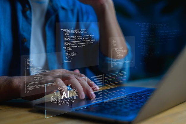 AIpowered web development and programming A software developer coding with artificial intelligence support ideal for content about machine learning AIassisted coding nextgen tech solutions