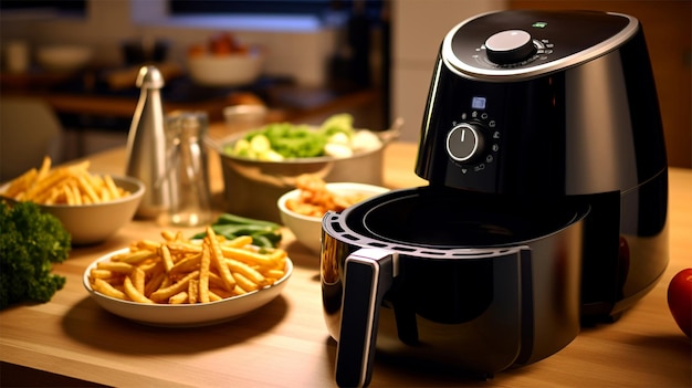 Airfryer na kuchennym stole Airfryer z jedzeniem Frytki w Airfryer