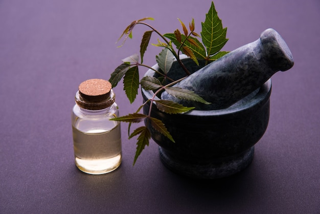 Ajurwedyjskie zioła antybakteryjne Neem lub Lilac lub Azadirachta indica z olejem w butelce z moździerzem, na białym tle nad zwykłym tłem, selektywne focus