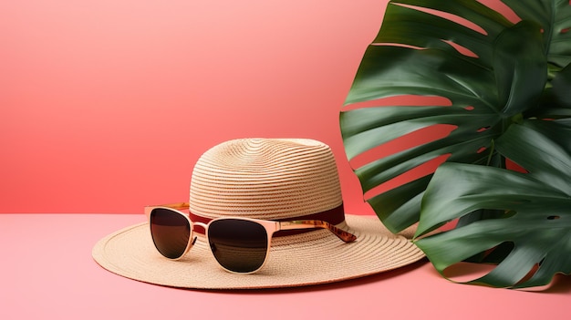 Akcesoria plażowe kapelusz okulary przeciwsłoneczne i liść monstera na różowym tle