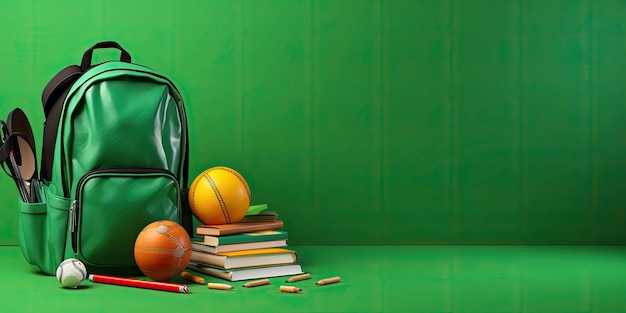 Akcesoria szkolne z torbą szkolną na zielonym tle