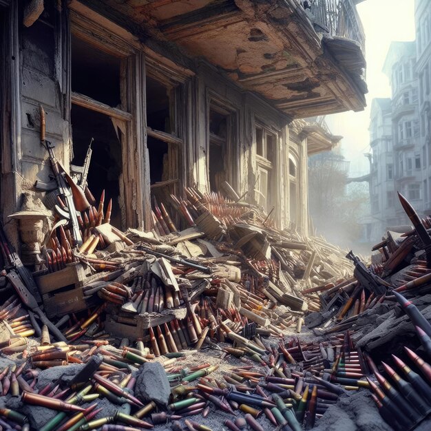 Zdjęcie akcesoria żołnierza w środku zniszczonego budynku zniszczony budynek tła wojny