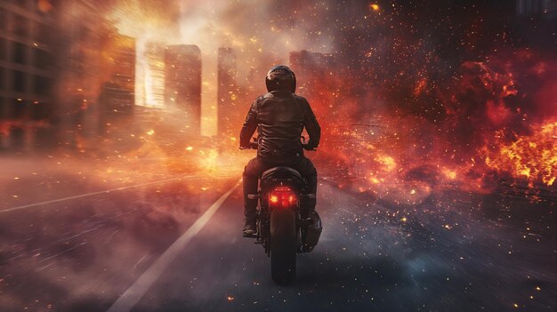 Akcja z mężczyzną uciekającym od wybuchu na rowerze Dynamiczna scena z ogniem w bloku filmowym
