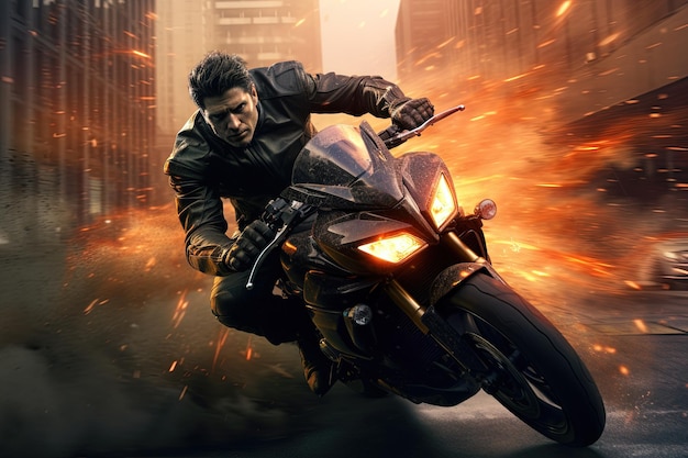 Akcja z mężczyzną uciekającym od wybuchu na rowerze Dynamiczna scena z ogniem w stylu filmu akcji