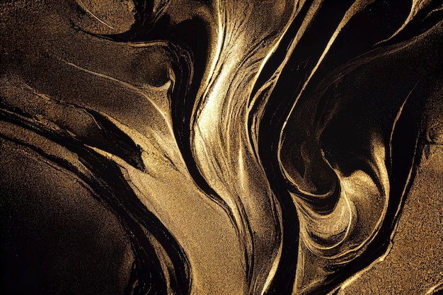 Akryl Fluid Art Ciemnoniebieskie fale w abstrakcyjnym oceanie i złote pieniste fale Tło z efektem marmuru