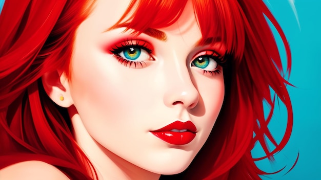 Akrylowy portret kobiety z czerwoną głową i niebieskimi oczamiPop ArtDigital kreatywny projektant mody rysunek AI ilustracja