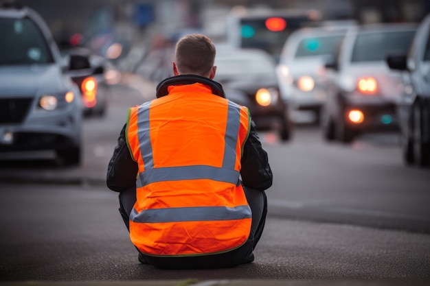 Aktywiści protestujący przeciwko zmianom klimatycznym w kurtce hi vis siedzą na drodze i blokują ruch