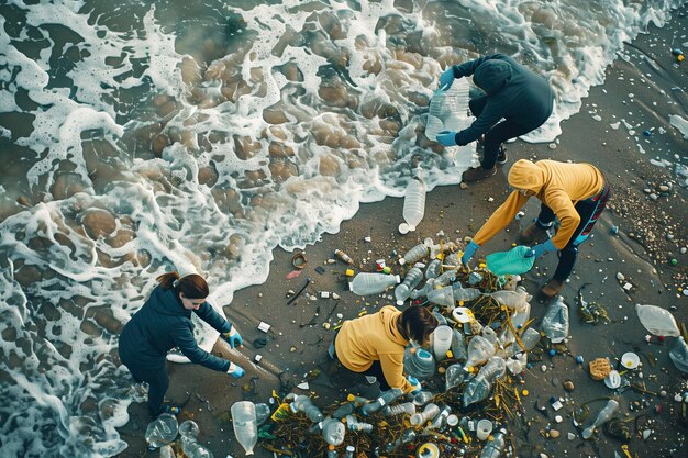 Aktywiści Zbierają Plastikowe śmieci Na Plaży Mężczyźni I Kobiety Sprzątają Plażę Torbami