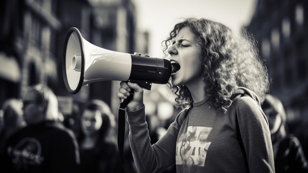 Zdjęcie aktywistka protestująca z megafonem podczas demonstracji