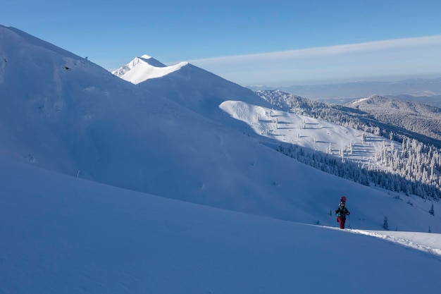 Aktywna freeriderka z snowboardem wędruje po zimowym szlaku