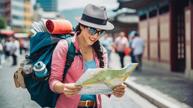 Aktywna koreańska turystka nosi duży plecak nosi kapelusz i zwykłe ubrania trzyma studia map