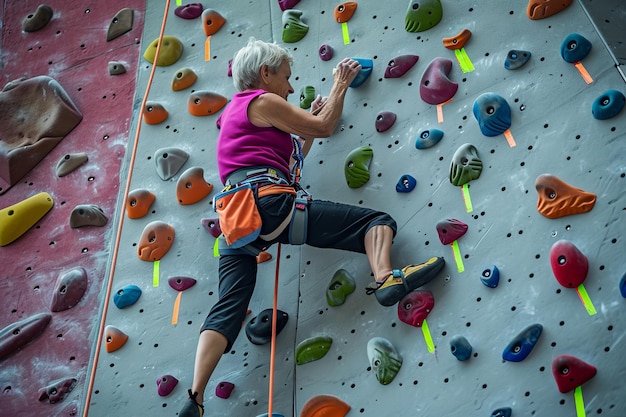 Aktywna starsza kobieta lubi wspinaczkę skalną w pomieszczeniach