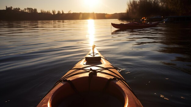 Aktywna turystyka wypoczynkowa Kajak unosi się na rzece w promieniach słońca generowanych przez AI