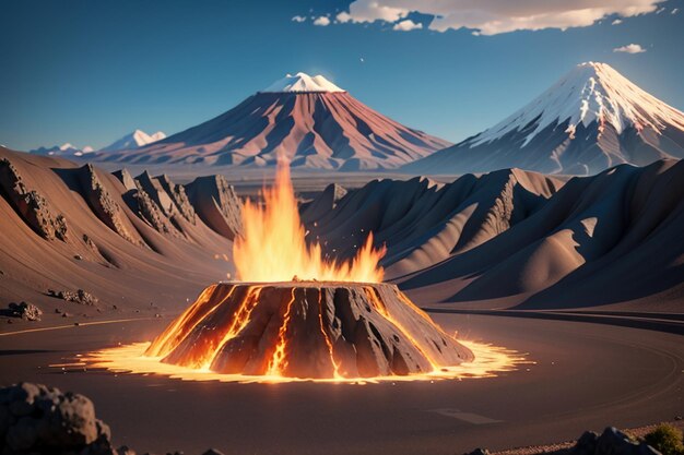 Zdjęcie aktywne wulkany wybuchają, wyrzucając lawę, wulkaniczne kształty terenu przedstawiają tło tapety