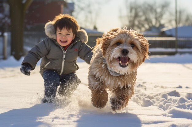 aktywny młody pies bawi się na śniegu z małym chłopcem