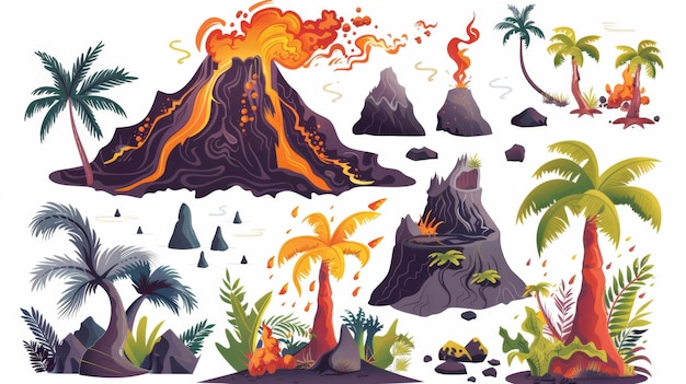 Aktywny wulkan z chmurą mgły gazów skacze palmy i rośliny do tworzenia prehistorycznego krajobrazu Ten nowoczesny zestaw przedstawia wybuch magmy i elementy przyrody