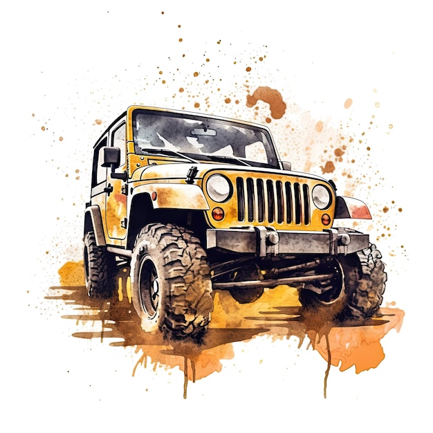 Akwarel 4x4 Off Road Jeep clipart białe tło