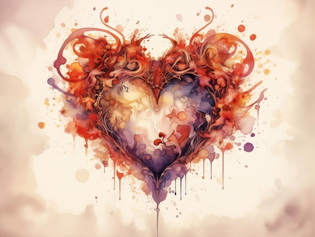 Zdjęcie akwarel abstrakcyjne serce z plamkowanym malowanym wzorem na granicy
