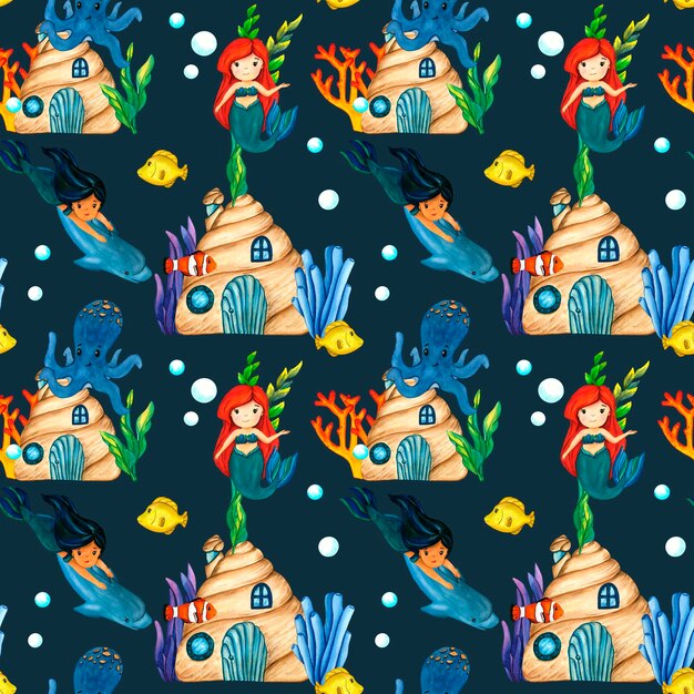 Zdjęcie akwarel bezszwowy wzór muszli dom uroczy syrena delfin i niebieski fioletowy wodorosty dno morskie ocean podwodny krajobraz tło z słońcem clip art podwodne dno dla dzieci druk