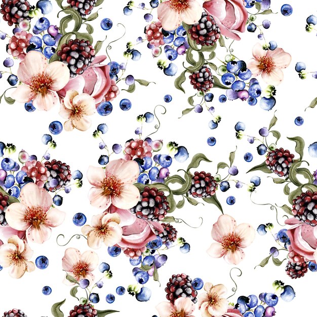 Zdjęcie akwarel bezszwowy wzór pięknych kwiatów i jagód z zielonymi liśćmi ilustracja