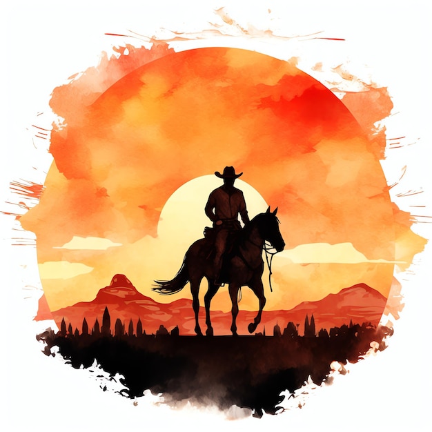 akwarel Cowboy sylwetka z zachodem słońca tło zachodni dziki zachód cowboy pustynna ilustracja