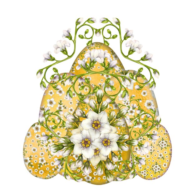 Zdjęcie akwarel easter yellow egg z kwiatowym wzorem wiosennych kwitnących primroses dla easter clipart