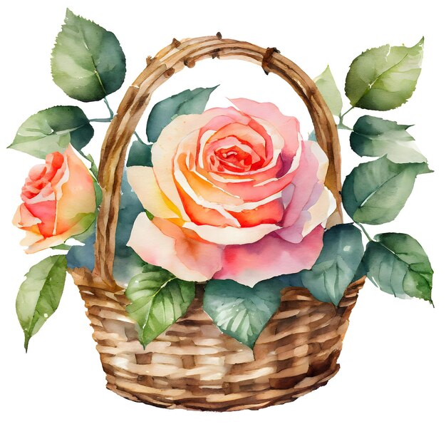 Akwarel i malowanie różowych kwiatów w tkanym koszyku w koncepcji święta Walentynek