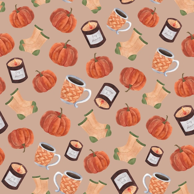 Akwarel jesienny bezszwy wzór z kubkiem dyni ciepłe skarpetki świeca aromatyczna dla dekoracji Halloween