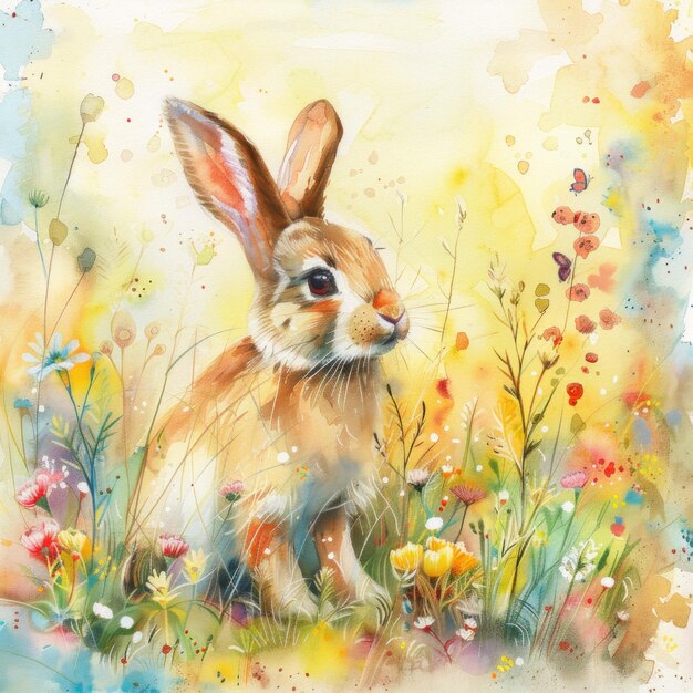 Akwarel kolorowa ilustracja uroczego królika wielkanocnego sezonowa kartka powitalna