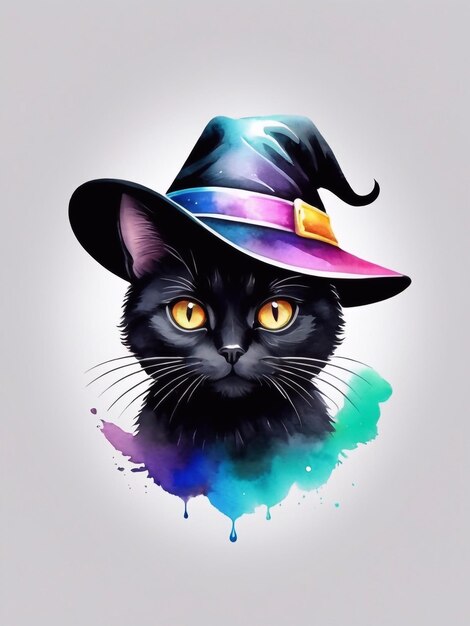 Akwarel kolorowy Słodki czarny kot noszący magiczny kapelusz styl logo koszulka projekt sztuki tapeta