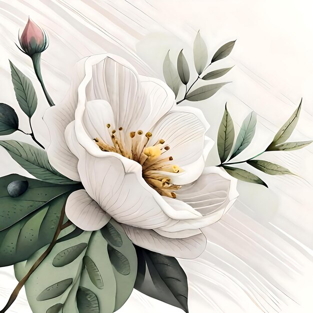 Akwarel kwiatowy ilustracja bukiet białe kwiaty róża pioni zielony Generatywny AI