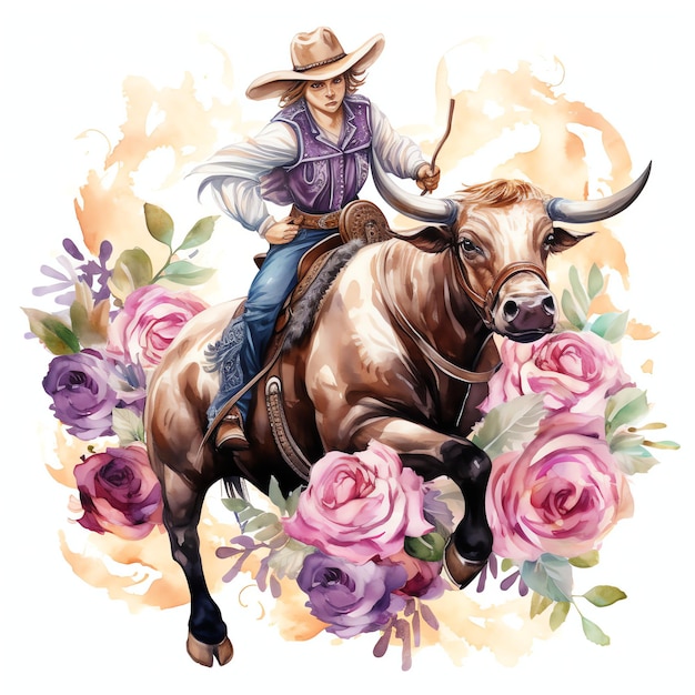 akwarel kwiatowy Rodeo jeździec byków zachodni dziki zachód kowboj pustynna ilustracja klipart