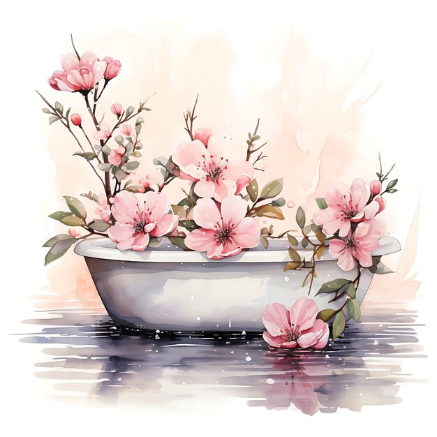 Akwarel łazienki z kwitnącymi kwiatami wiśni Miękkie różowe i Delica Art Tshrit Sticker Ink