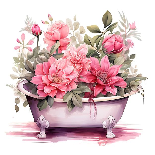 Akwarel łazienki z kwitnącymi kwiatami Żywe różowe i świeże zielone Art Tshrit Sticker Ink