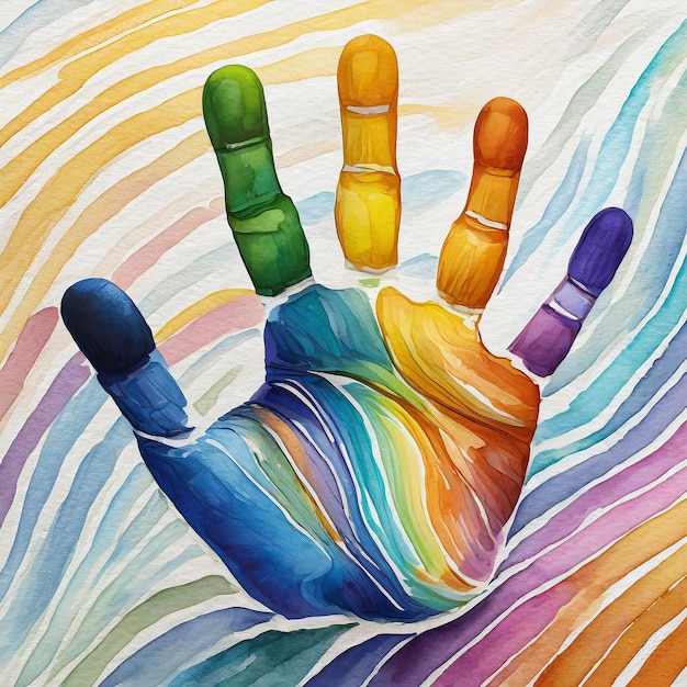 Akwarel ludzki odcisk ręki namalowany w kolorach tęczy Światowy Dzień Świadomości Autyzmu Dzień Dziecka