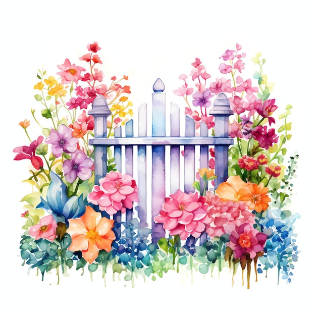 akwarel Magiczny ogrodzony ogrodek królewski z kwiatami ilustracja wiosenny kwiatowy klipart