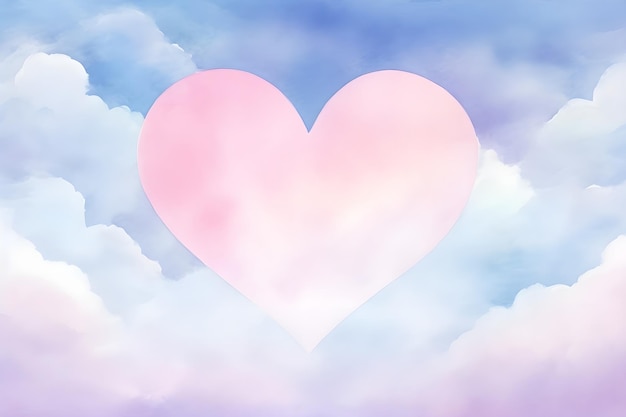 Akwarel miękkie płaskie różowe chmury w kształcie serca na pastelowym niebie malowanie tła dla romantyzmu sztuki miłości