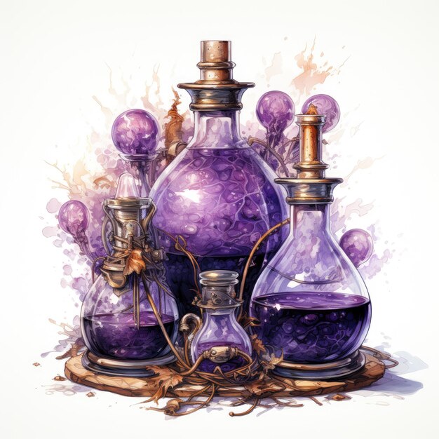 Zdjęcie akwarel purpurowa steampunk potions klipart generative ai