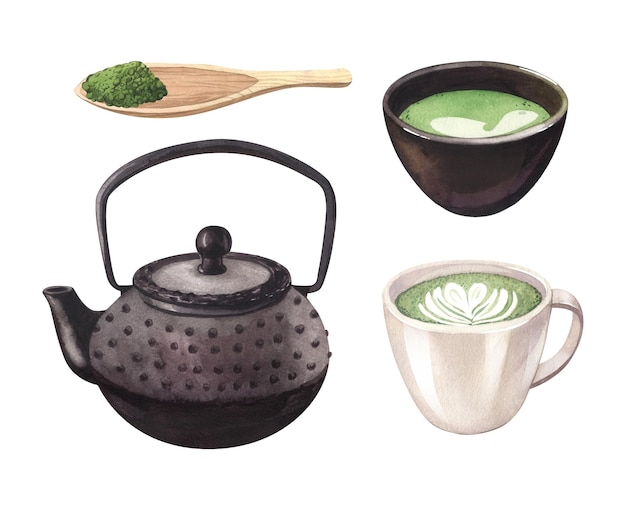 Akwarel realistyczny kubek i czajnik zielony japońska herbata matcha latte zestaw napojów kubek herbaty ręcznie narysowana ilustracja izolowana na białym tle Doskonały do szablonu broszury menu banera